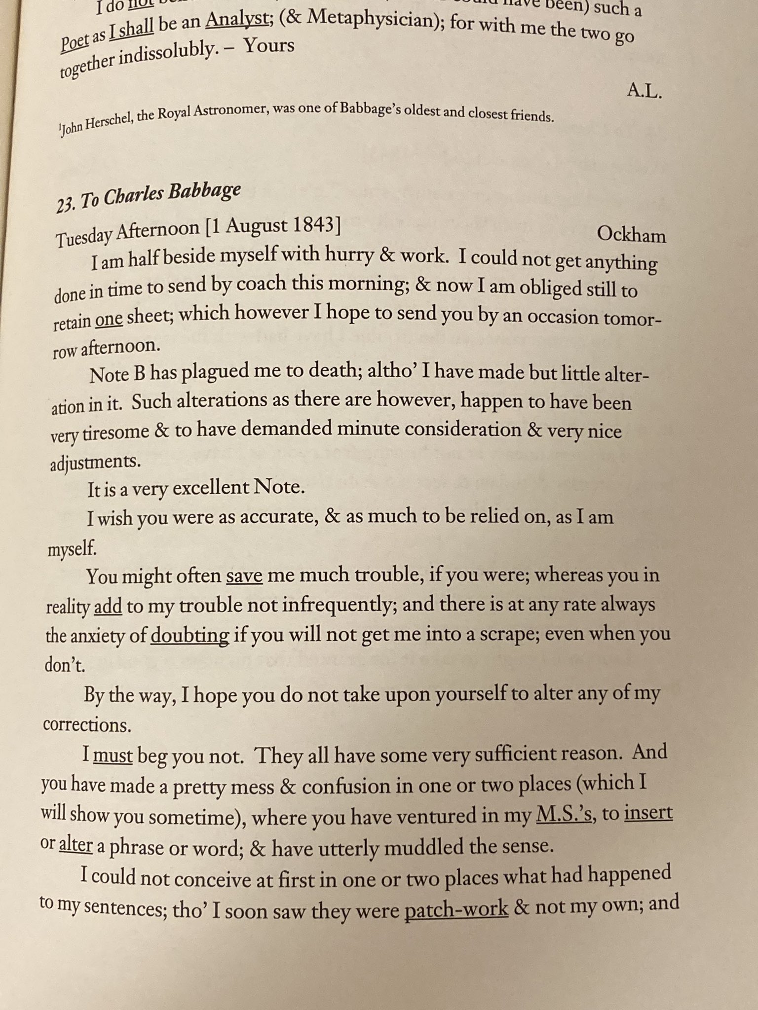 Ada Lovelace Letter to Babbage